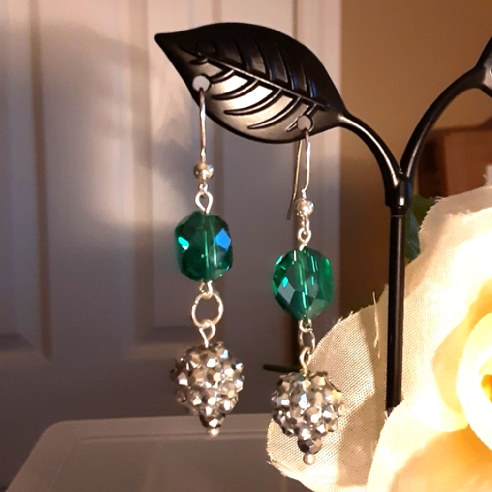 Handmade Crystal Earrings Green Silver